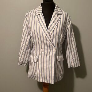 Moodie Womens White & Blue Striped Lined Double Breasted Blazer